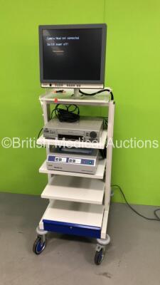 CTL Medical Stack Trolley with Olympus OEV191 Monitor, JVC Video Cassette Recorder and Zeiss MediLive Camera Control Unit (Powers Up) *S/N 7717307 / 383727* - 7