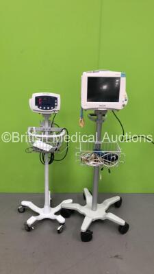1 x Philips IntelliVue MP50 Patient Monitor on Stand with Philips M3015A #C06 Module Ref 862393 with Microstream CO2, Press and Temp Options, Philips A01C06 Module Ref 862442 with Press, Temp, NBP, SPO2 and Ecg/Resp Options and Leads and 1 x Welch Allyn 5