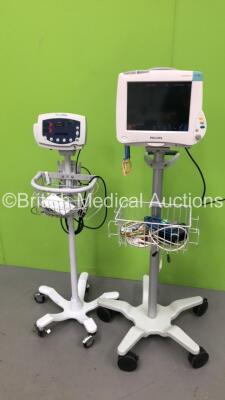 1 x Philips IntelliVue MP50 Patient Monitor on Stand with Philips M3015A #C06 Module Ref 862393 with Microstream CO2, Press and Temp Options, Philips A01C06 Module Ref 862442 with Press, Temp, NBP, SPO2 and Ecg/Resp Options and Leads and 1 x Welch Allyn 5 - 2
