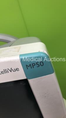 1 x Philips IntelliVue MP50 Patient Monitor on Stand with Philips M3015A #C06 Module Ref 862393 with Microstream CO2, Press and Temp Options, Philips A01C06 Module Ref 862442 with Press, Temp, NBP, SPO2 and Ecg/Resp Options and Leads and 1 x Welch Allyn 5 - 8