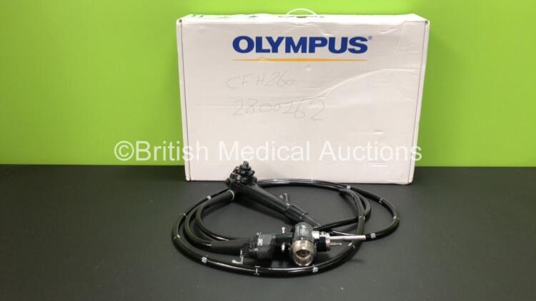 Olympus CF-H260DL Video Colonoscope in Case - Engineer's Report : Optical System - Slightly Dark in Center, Angulation - Up / Down Loose, Requires Adjustment, Insertion Tube - No Fault Found, Light Transmission - 1 Light Bundle 60% Loss, Channels - No Fau