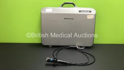 Olympus BF Type 10 Bronchoscope in Case - Engineer's Report : Optical System - 33 Broken Fibers, Angulation - No Fault Found, Insertion Tube - Badly Kinked, Light Transmission - No Fault Found, Channels - No Fault Found, Leak Check - No Fault Found *25117