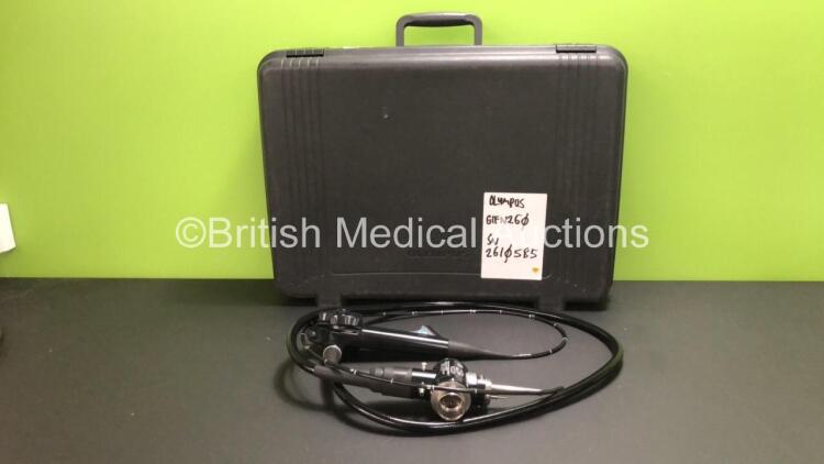 Olympus GIF-N260 Video Gastroscope in Case - Engineer's Report : Optical System - No Fault Found, Angulation - No Fault Found, Insertion Tube - No Fault Found, Light Transmission - No Fault Found, Channels - No Fault Found, Leak Check - Leak Present at Be