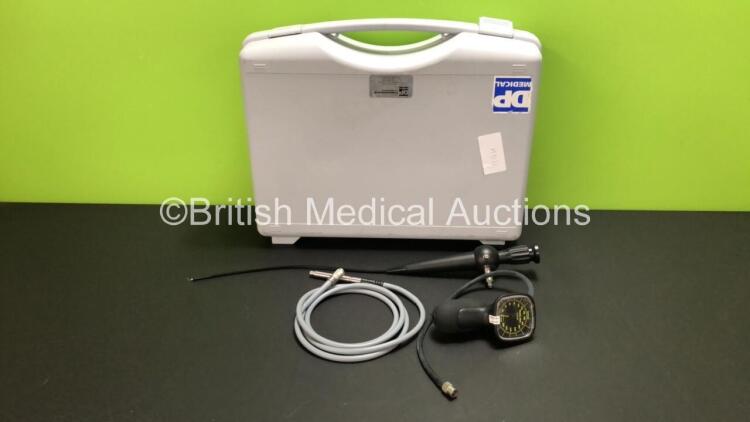 DP Medical TF6 Pharyngoscope with Leak Tester and Light Cable in Case - Engineer's Report : Optical System - Faint Stain, Angulation - No Fault Found, Insertion Tube - No Fault Found, Light Transmission - No Fault Found, Leak Check - No Fault Found (H)