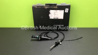 Olympus ENF-P4 Pharyngoscope in Case - Engineer's Report - Optical System - 0 Broken Fibers, Leak at Eyepiece, Angulation - No Fault Found, Insertion Tube - No Fault Found, Light Transmission - No Fault Found, Leak Check - Leak at Eyepiece *1911398* (H)