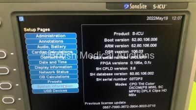SonoSite S-ICU Portable Ultrasound Scanner Ref P09417-57 *S/N 03R7TL* **Mfd 10/2012** Boot Version 52.80.106.006 ARM Version 52.80.106.006 with 2 x Transducers / Probes (C60x/5-2 MHz Ref P07680-30 *Mfd 10/2012* / L38xi/10-5MHz Ref P12742-71 *Mfd 2019*) on - 6