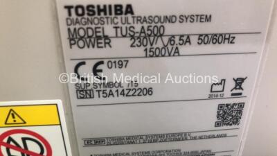 Toshiba Aplio 500 Flat Screen Ultrasound Scanner TUS-A500 *S/N T5A14Z2206* **Mfd 12/2014** Software Version AB_V5.00*R305 with 5 x Transducers / Probes (PVT-375BT *Mfd 10/2014* / PVT-375BT *Mfd 02/2009* / PVT-781VT *Mfd 11/2014* / PLT-1204BT *Mfd 12/2014* - 20