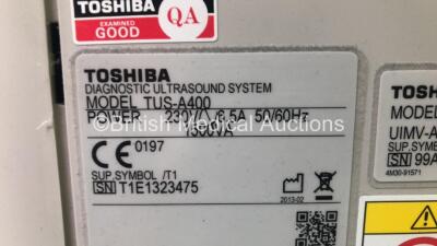 Toshiba Aplio 400 TUS-A400 Flat Screen Ultrasound Scanner *SN T1E1323475* **Mfd 02/2013** Software Version AB_V3.00*R002 with 2 x Transducers / Probes (PVT-661VT *Mfd 02/2007* and PVT-674BT * Mfd 09/2013*) (Powers Up) *See PDF for PM Report* ***IR447*** - 11