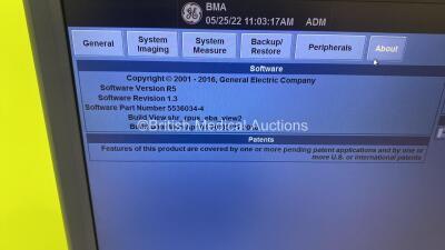 GE Logiq E9 Flat Screen Ultrasound Scanner *S/N 125722US9* **Mfd 03/2014** Ref 5205000-7 Software Version - R5 (upgraded), Software Revision - 1.3 with 4 x Transducers / Probes (L8-18i-D Ref 5336969 *Mfd 02/2014* / 9L-D Ref 5194432 *Mfd 11/2021* / ML6-15- - 13