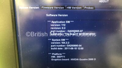 GE Vivid E9 Flat Screen Ultrasound Scanner *S/N VE93610* **Mfd 06/2012** Application Software Version 112 System Software Version 104.3.3 with 1 x Transducers / Probes (M5S-D Ref GE-R3MIX *Mfd 09/2015*) and Sony UP-D897 Digital Graphic Printer (Powers Up) - 5