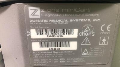 Zonare Z.One Ultrasound Scanner with 2 x Transducers / Probes (L14-5w and E9-4) and Sony UP-D879 Digital Graphic Printer on Zonare Z.One Mini Cart (Powers Up - Screen Damaged - Not Able to See Software Version Due to Damaged Screen - Unable to See S/N Due - 8