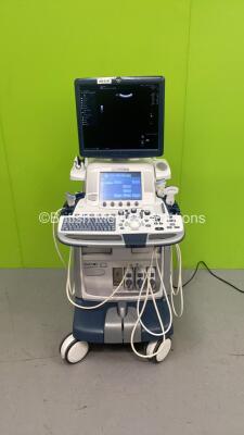 GE Logiq E9 Flat Screen Ultrasound Scanner *S/N 125721US1* **Mfd 03/2014** Ref 5205000-7 Software Version - R5 (upgraded), Software Revision - 1.3 with 3 x Transducers / Probes (9L-D Ref 5194432 *Mfd 08/2019* / C1-6-D Ref 5418916 *Mfd 08/2020* and ML6-15-