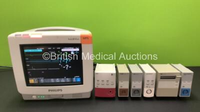 Job Lot Including 1 x Philips IntelliVue MP5 Patient Monitor with ECG/Resp, SpO2 and NBP Options *Mfd 2011* (Powers Up) 1 x Hewlett Packard M1029A Temp Module, 1 x Philips M1008B NBP Module, 1 x Agilent M1016A CO2 Module, 1 x Philips M1002B ECG/Resp Modul