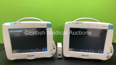 2 x Philips IntelliVue MP50 Anesthesia Patient Monitors *Mfd 2010 and 2010* (Both Power Up, 1 x Slight Damage to Screen, 1 x Missing Battery Casing - See Photos) with 1 x M1006B Press Module *DE82082149 and DE82082168*