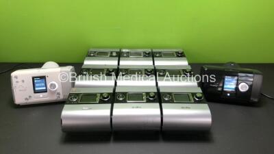 Job Lot Including 8 x ResMed S9 Autoset CPAP Units with 2 x Power Supplies (All Power Up), 1 x ResMed S9 Escape (Powers Up with Damaged Casing - See Photos), 1 x ResMed Airsense 10 Autoset For Her with Power Supply (Powers Up, Missing Door - See Photos) a