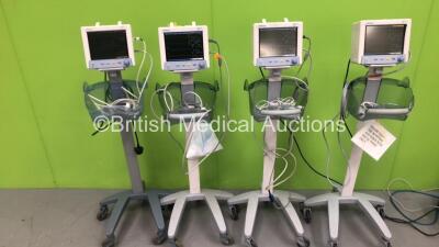 4 x Mindray Tiro Patient Monitors on Stands with Selection of Cables (All Power Up - 1 x Damaged Surround - 1 x Missing Handle) *GL*