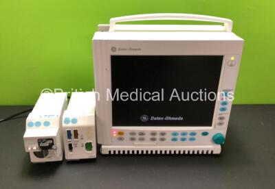 Job Lot Including 1 x GE Datex Ohmeda F-CM1-05 Patient Monitor (Powers Up, Slight Damage to Button - See Photos) 1 x GE E-CAiOV Spirometry Module with D-Fend Water Trap *Mfd 2007* and 1 x GE E-PRESTN-00 Module Including ECG, NIBP, SpO2 and T1/T2 Options *