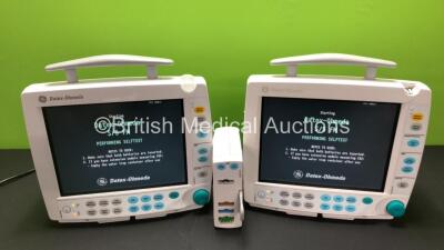 Job Lot Including 1 x GE Datex Ohmeda F-FM-00 Patient Monitor (Powers Up) 1 x GE Datex Ohmeda F-FMW-00 Patient Monitor (Powers Up with Missing Light Cover - See Photos) with 1 x GE E-PSMP-00 Module Including ECG, SpO2, NIBP, T1, and T2 Options *Mfd 2008* 