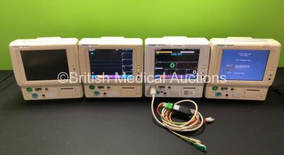 4 x Fukuda Denshi DS-7100 Touch Screen Patient Monitors Including ECG, SpO2, TEMP, NIBP, BP and Printer Options with 1 x 3 Lead ECG Lead (3 x Power Up, 1 x Touch Screen Faulty, 3 x Damaged Casings, 2 x Missing Rubber Covers - See Photos)