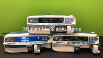 2 x CareFusion Alaris GH Syringe Pumps and 1 x CareFusion Alaris GH Plus Syringe Pump (All Power Up with Error Codes, 1 x Missing Rear Casing - See Photos)