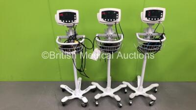 3 x Welch Allyn 53N00 Vital Signs Monitors on Stands with 3 x BP Hoses and 7 x Cuffs (All Power Up) *SN na*