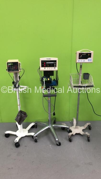 Job Lot Including 1 x Welch Allyn 52000 Series, 1 x Criticare SpO2 / Comfort Cuff Monitors on Stands (Both Power Up) and 1 x MasimoSET SpO2 CAS740 Monitor on Stand (Powers Up with Error)