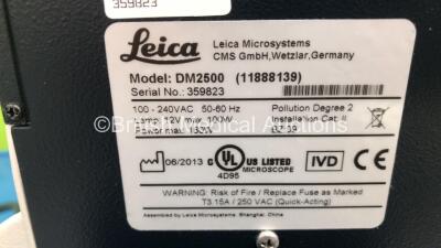 Leica DM2500 Benchtop Microscope with Dual Binoculars *Mfd 2013* (Powers Up) with 2 x HC PLAN s 10x 25 Eyepieces, 2 x HC PLAN s 10x/22 Eyepieces, 5 x Optics Including 1 x HCX PL FLUOTAR 10x 0.30, 1 x 20x 0.50, 1 x 40x 0.75, 1 x 1.25x 0.04, 1 x 2.5x/0.07, - 6