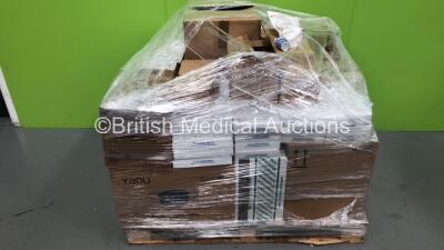 Pallet of Mixed Consumables Including TransWarmer Infant Mattresses, Anti-Bacterial Hand Gel, Face Masks and Biohazard Spill-Paks and Contour Blood Glucose Test Strips