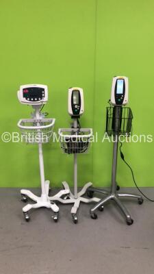 2 x Welch Allyn 420 Series Patient Monitors on Stands and 1 x Welch Allyn 53S00 Vital Signs Monitor on Stand (All Power Up)