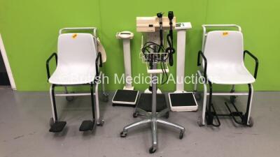 2 x Seca Stand on Scales, 1 x Marsden Stand on Scales, 1 x Welch Allyn Otoscope / Ophthalmoscope Set on Stand with 2 x Handpieces and 2 x Head and 2 x Seca Wheelchair Weighing Scales