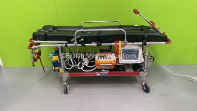 Ferno Transfer Trolley with Philips MP30 Patient Monitor, Philips IntelliVue X2 Patient Monitor with Press, Temp, NBP, SPO2, ECG and Resp Options and 1 x Battery, Drager Oxylog 3000 Transport Ventilator with Hose *Software Version - 1.24, Mfd - 2005* and 