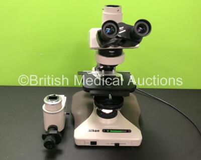 Nikon Optiphot-2 Benchtop Microscope (Powers Up with Good Bulb) with 2 x Nikon CFWN 10x/20 Eyepieces, 1 x Nikon E Plan 40/0.65 PH3 DL Optic and 1 x Nikon UFX-IIA Shutter Assembly