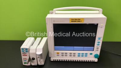 GE Datex Ohmeda Type F-CM1-04 Patient Monitor with 1 x GE M1054424 Interface Module, 1 x GE E-miniC-00 Module with Mini D-fend Water Trap *Mfd 2014*, 1 x GE E-PSMP-01 Module *2014* Including ECG, SpO2, NIBP, T1, T2, P1 and P2 Options (Powers Up)