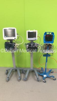 1 x Datascope Tiro Patent Monitor on Stand, 1 x GE Dinamap ProCare Auscultatory 300 Vital Signs Monitor on Stand and 1 x GE Dash 4000 Patient Monitor on Stand with BP 1/3, BP 2/4, SPO2, Temp/Co / NBP and ECG Options (All Power Up) *S/N FS0093263 / 000834 