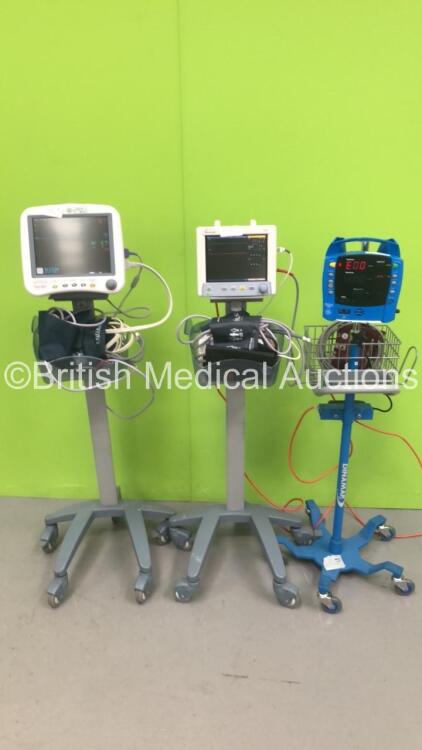 1 x Datascope Tiro Patent Monitor on Stand, 1 x GE Dinamap ProCare Auscultatory 300 Vital Signs Monitor on Stand and 1 x GE Dash 4000 Patient Monitor on Stand with BP 1/3, BP 2/4, SPO2, Temp/Co / NBP and ECG Options (All Power Up) *S/N FS0093263 / 000834