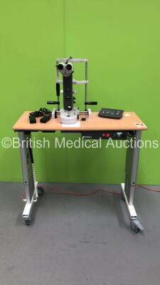 Coherent Aura YAG Laser System with 2 x Eyepieces and Control Panel on Motorized Table (Unable to Power Test Due to No Key - Damage to Table - See Pictures) *S/N FS0093377*