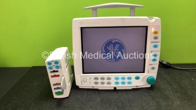 GE Datex Ohmeda S/5 Patient Monitor with 1 x GE E-PSMP-01 Module Including ECG, SpO2, P1, P2, T1, T2 and NIBP Options (Powers Up with Damaged Casing and Missing Light Cover-See Photo) *SN 6962858, 6758169*