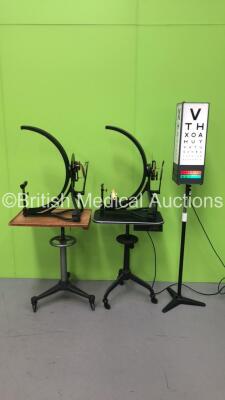 2 x Lister Perimeters on Manual RIse and Fall Tables and 1 x Eye Test Light Box on Stand (Powers Up with Good Bulb) *S/N 315/1263*