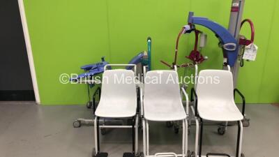 1 x Arjo Opera Electric Patient Hoist with Battery and Controller (Powers Up), 1 x Arjo Encore Electric Patient Hoist with Battery and Controller (No Power) and 3 x Wheelchair Weighing Scales *S/N WARS131575*