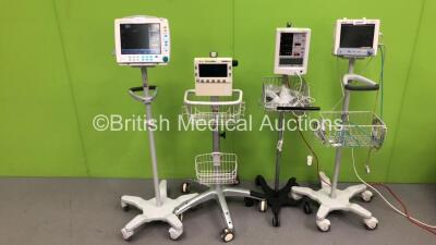 1 x Welch Allyn ProPaq Encore Patient Monitor on Stand (No Power), 1 x Mindray Datascope Accutorr Plus Vital Signs Monitor on Stand (Powers Up), 1 x Mindray Datascope Tiro Patient Monitor on Stand (Powers Up) and 1 x GE Datex-Ohmeda F-FM-00 Patient Monito