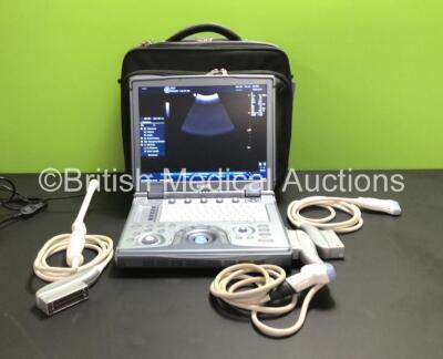 GE Logiq E Portable Ultrasound Scanner *Mfd - August 2011* Software Version - R6.0.5 with 3 x Transducers / Probes (1 x E8C-RS *Mfd - 04/2015*, 1 x 12L-RS *Mfd - August 2011* and 1 x 4C-RS *Mfd - 07/2015*) in Case (Powers Up with Stock Power Supply, Power