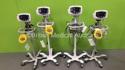 4 x Welch Allyn 53N00 Vital Signs Monitors on Stands with 3 x SpO2 Leads and 4 x Power Supplies (All Power Up) *SN JA078199 / JA102965 / JA077682 / JA078999*