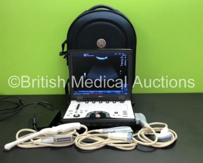 GE Logiq E Portable Ultrasound Scanner *Mfd - 06/2015* Software Version - R9.0.2 with 3 x Transducers / Probes (1 x E8C-RS *Mfd - 05/2015, Damaged Head - See Photos*, 1 x 12L-RS *Mfd - 02/2015* and 1 x C1-5-RS *Mfd - 02/2015*) with Power Supply in Case (P