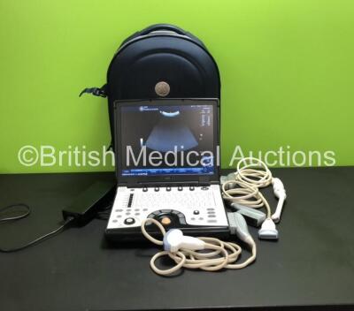 GE Logiq E Portable Ultrasound Scanner *Mfd - 08/2014* Software Version - R8.0.4 with 3 x Transducers / Probes (1 x E8C-RS *Mfd - 11/2018, Damaged Head - See Photos*, 1 x 12L-RS *Mfd - 11/2014* and 1 x C1-5-RS *Mfd - 05/2014*) with Power Supply in Case (P