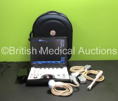 GE Logiq E Portable Ultrasound Scanner *Mfd - 03/2015* Software Version - R8.0.7 with 3 x Transducers / Probes (1 x E8C-RS *Mfd - 04/2015, Damaged Head - See Photos*, 1 x 12L-RS *Mfd - 01/2015* and 1 x C1-5-RS *Mfd - 12/2014*) with Power Supply in Case (P