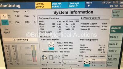 Drager Primus Infinity Empowered Anaesthesia Machine Software Version - 4.30.00 Operating Hours - Ventilator 65 h - Mixer 241 h with Hoses (Powers Up) *S/N ASCJ-0072* - 3