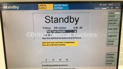 Drager Primus Infinity Empowered Anaesthesia Machine Software Version - 4.30.00 Operating Hours - Ventilator 2111 h - Mixer 12779 h with Hoses (Powers Up) *S/N ASCJ-0076* - 2