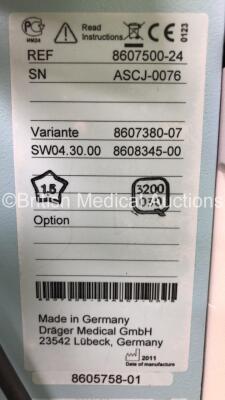 Drager Primus Infinity Empowered Anaesthesia Machine Software Version - 4.30.00 Operating Hours - Ventilator 2111 h - Mixer 12779 h with Hoses (Powers Up) *S/N ASCJ-0076* - 7