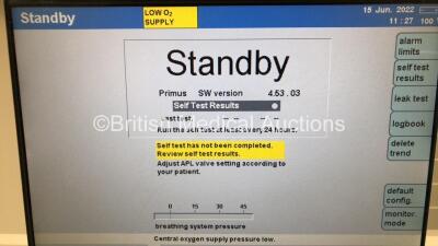 Drager Primus Infinity Empowered Anaesthesia Machine Software Version - 4.53.03 Operating Hours - Ventilator 240 h - Mixer 829 h with Hoses (Powers Up) *S/N ASEH-0129* - 2