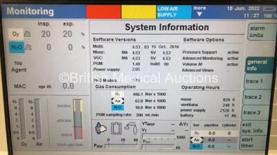 Drager Primus Infinity Empowered Anaesthesia Machine Software Version - 4.53.03 Operating Hours - Ventilator 240 h - Mixer 829 h with Hoses (Powers Up) *S/N ASEH-0129* - 3